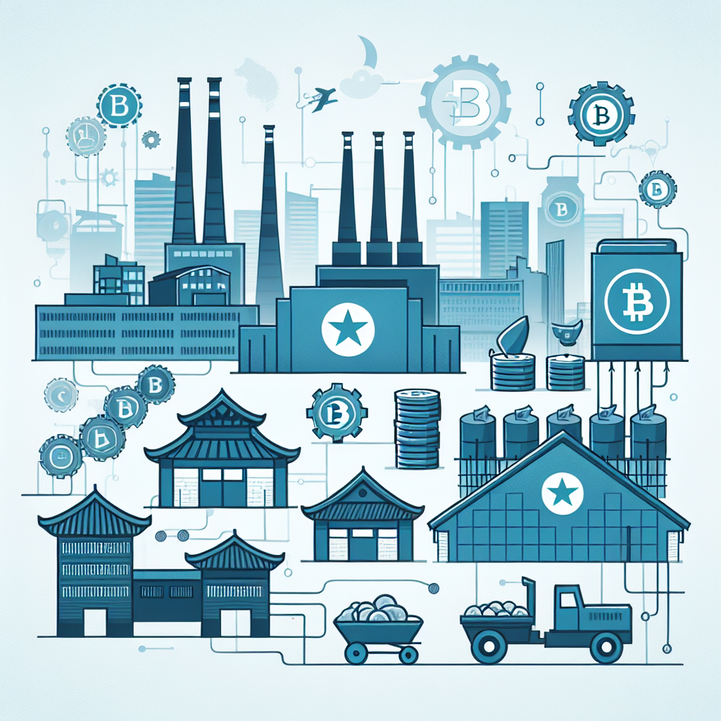 Illustrasjon av Nord-Korea-økonomi: kombinasjon av industrielle symboler, markedsboder (jangmadang), og digitale kryptosymboler i nøytrale blå og gråtoner.
