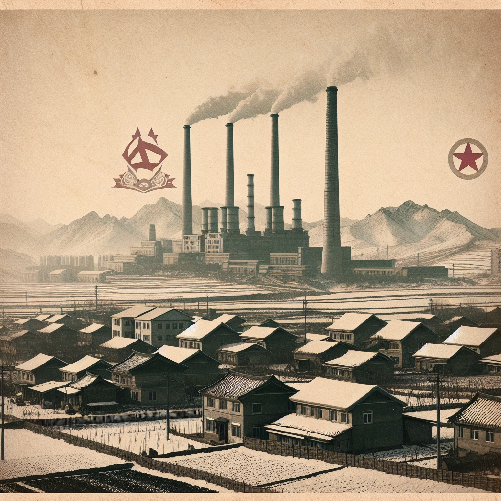 Dokumentarisk bilde: Nord-Korea-landsby og fabrikkpiper i bakgrunnen, Juche-symbolikk diskret, nøytrale farger, historisk atmosfære