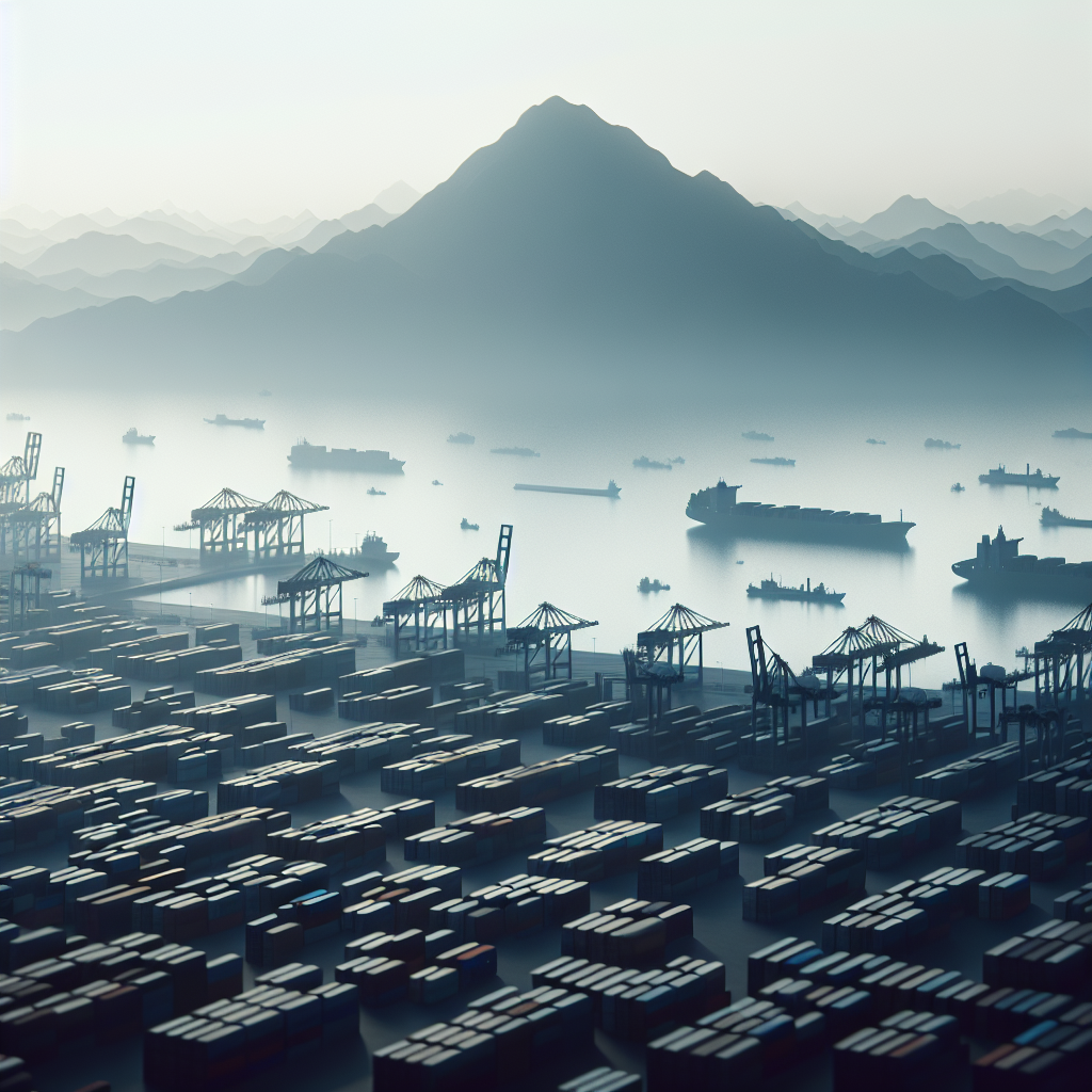Oversiktsbilde av en havn med containere og silhuetten av et fjell i bakgrunnen, nøytral stil, dempet fargepalett, symboliserer handel, risiko og geopolitikk