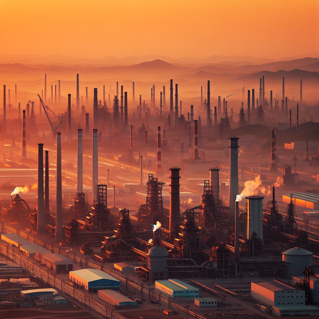 Oversiktsbilde av industriell kompleksitet i Nord-Korea: fabrikkpiper, gruvedrift og strømledninger ved solnedgang, realistisk, høy detaljgrad