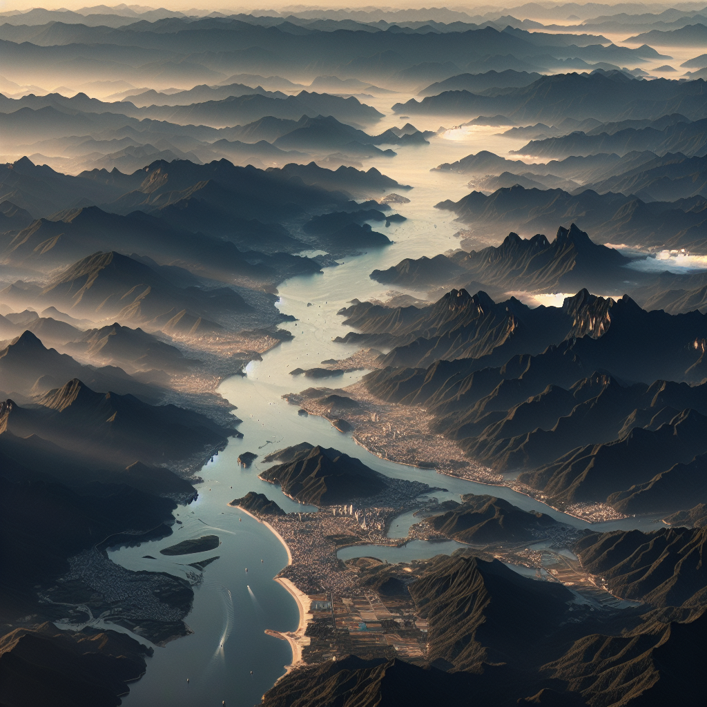 Luftfoto av Nord-Koreas varierte landskap: fjell, elvedaler og kystlinje i mykt morgenlys, realistisk og informativt, høyt detaljnivå